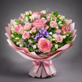 Сны о тебе – букет из розовой и белой розы с эустомой